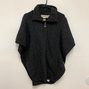 Aran Mor Ireland 100% Merino Wool Knit Full Zip Poncho Grey Size Medium